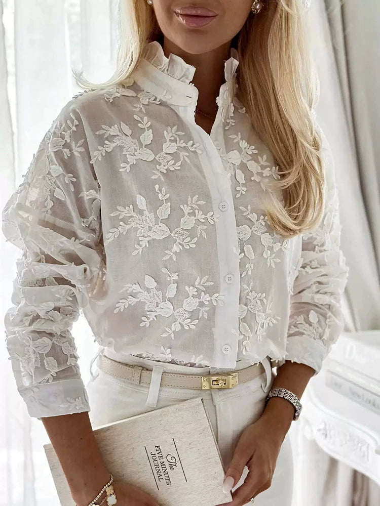 Lace Embroidered V Neck Long Sleeve Blouse for Women