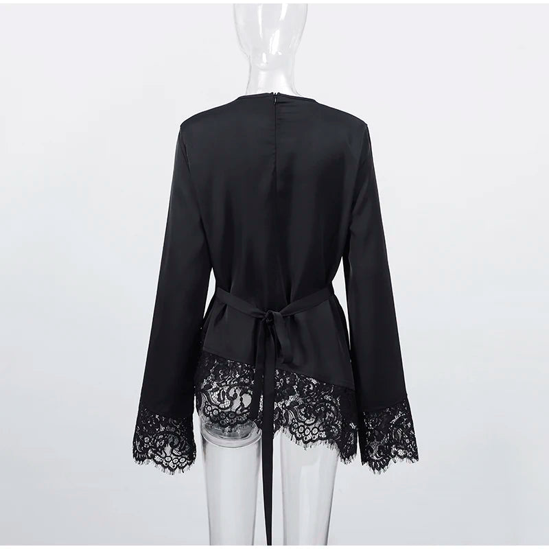 Asymmetric Lace Patchwork Loose Long Sleeve Shirt for Women