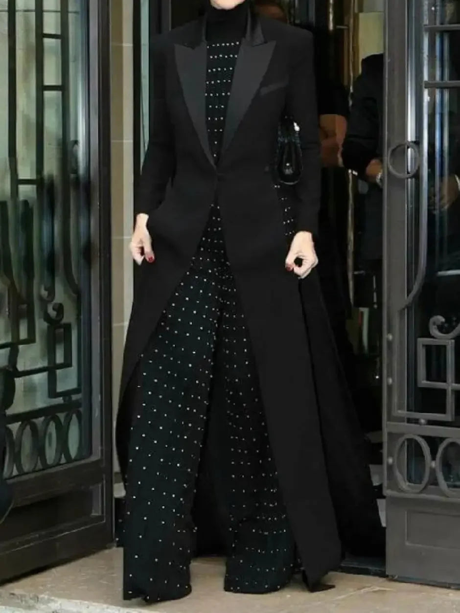 Bonboho 2026 Women's Elegant Blazer Jacket Solid Black Slim Long Sleeve Extra-Long Splited Blazer Coat Female Formal Outerwear