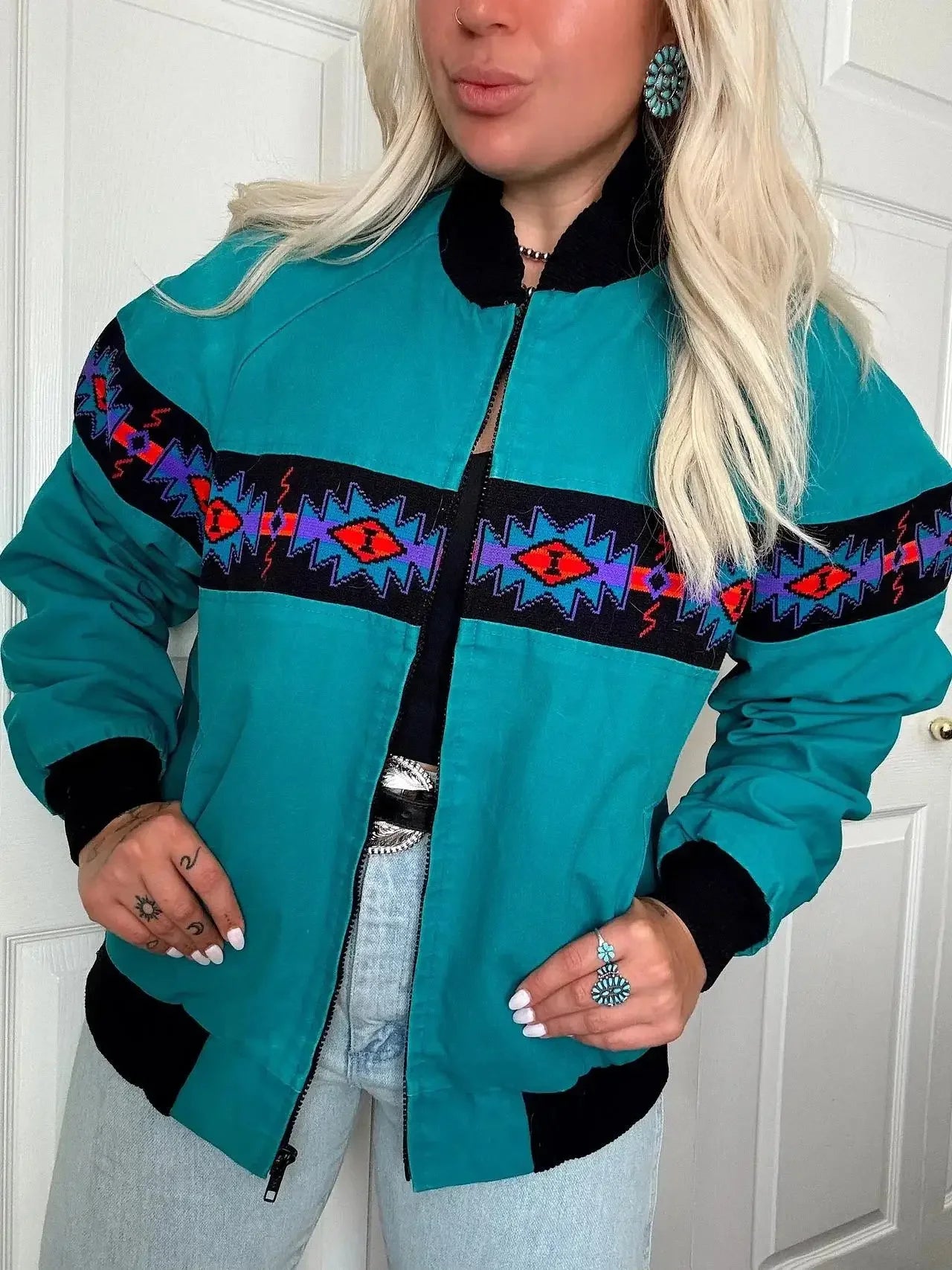 Printed Zippered Stand Collar Lightweight Jacket for Women