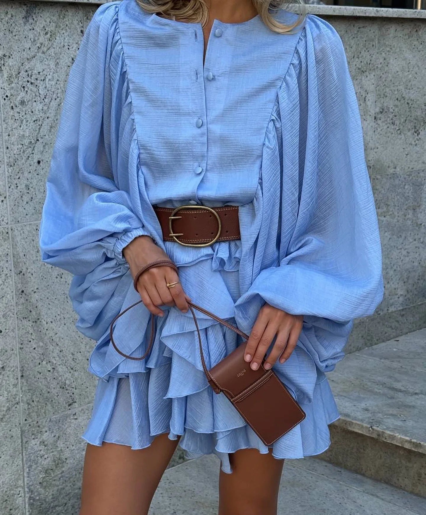 FSMG Elegant Lantern Sleeve Ruffle Edge Mini Dress Casual O Neck Pleated Single Breasted Loose Short Skirt Holiday Banquet Dress