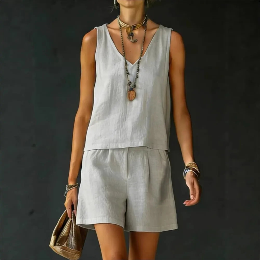 Cotton Linen Summer Casual Vest and Shorts Set for Women