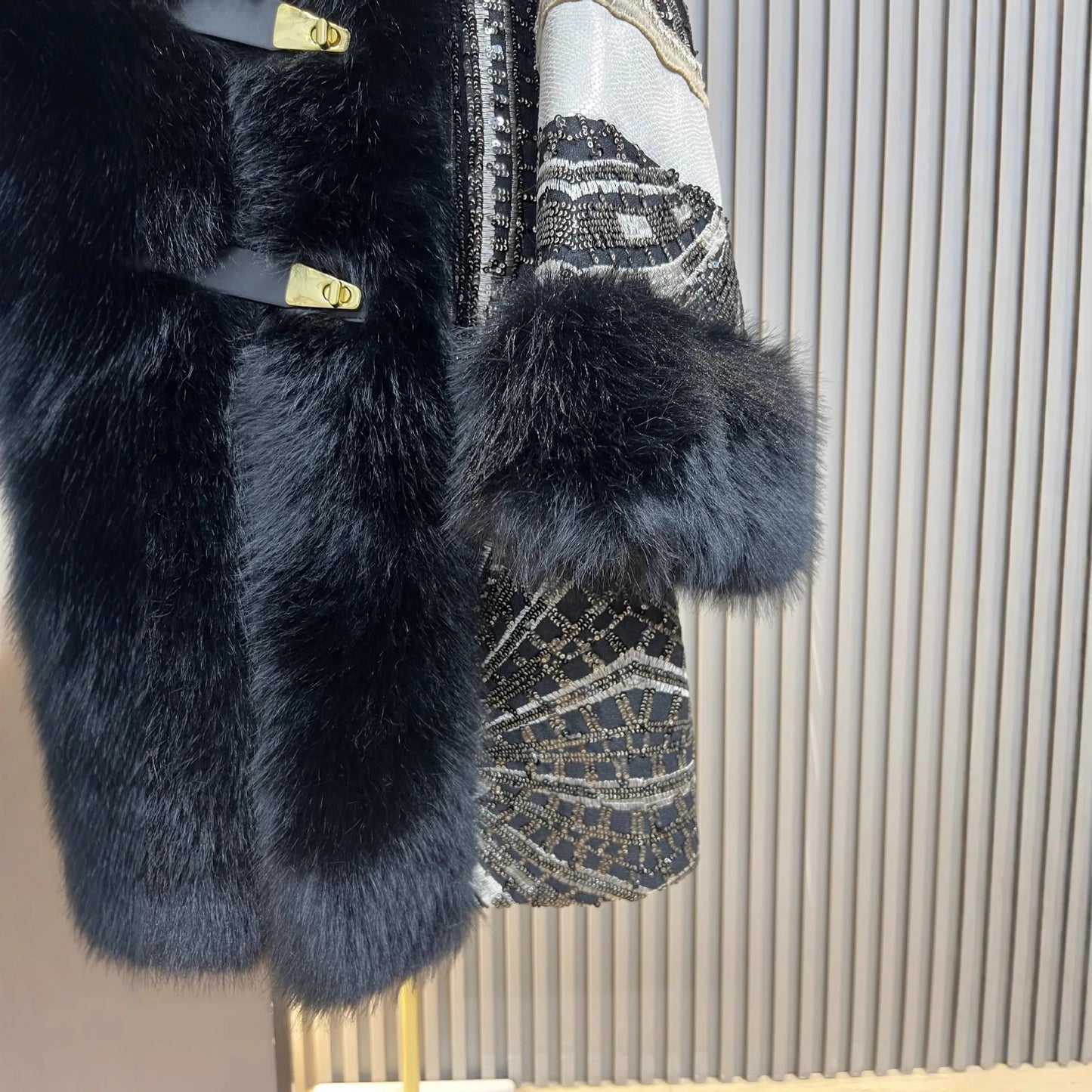 Faux Fox Fur Coat With Sequined Collar