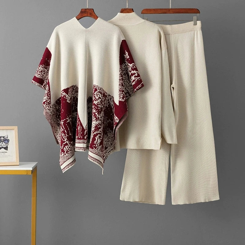 Loose Jacquard Knit Sweater and Wide Leg Pants Set for Women
