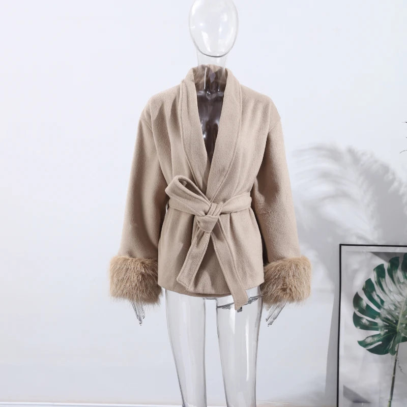 Plush Cuffs Belt Women 's Coats Elegant Lapel Faux Fur Sleeve Twist Open Coat Female 2025 Autumn Winter Fashion Lady Streetwears