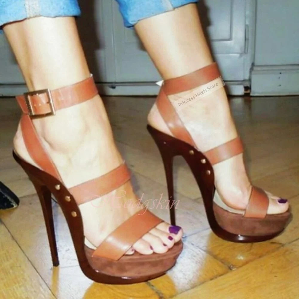 Mixed Color Straps Platform Buckle Sandals with Thin Heels for Women