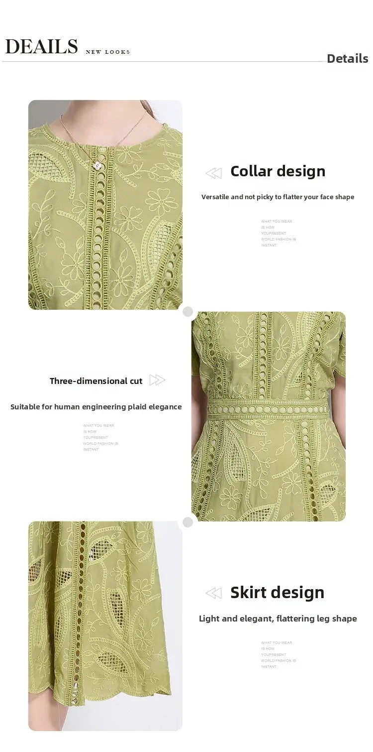 Elegant Lace Sleeve Midi Dress Women's round Neck Gored Skirt Short Sleeve Slimming Summer New Style Vintage High-End Feeling