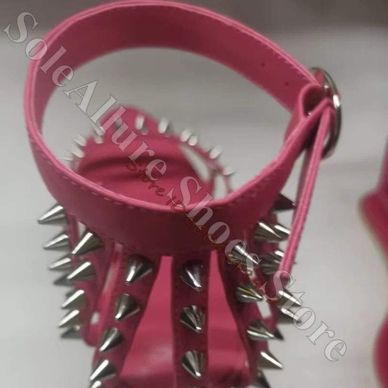 Glossy Patent Leather Spiked Heart Cage Wedge Sandals For Women