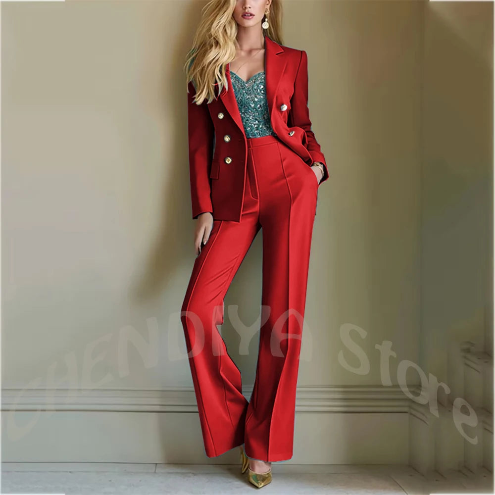 Solid Color Suit For Women High Quality Double Breasted Two Piece Notch Lapel Slim Fit Elegant Fashion Female Outfit Jacket Pant