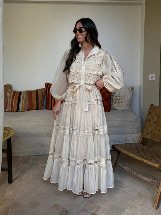 Embroidered maxi Dress Women Lapel Hollow Fashionable Short Sleeve Belt High Waist long Dresses Female Summer Chic robe