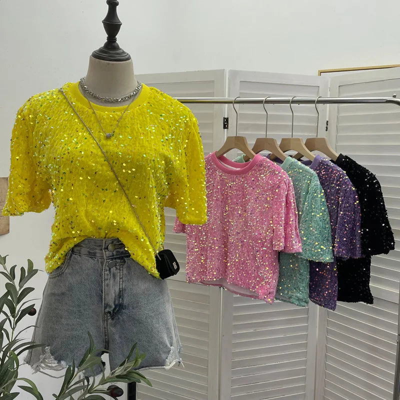 Spicy Girl Pink Sequins Short Sleeve T-shirt Round Neck Slimming Crop Top Blingbling Sexy Nightclub Multi Color Casual Tees