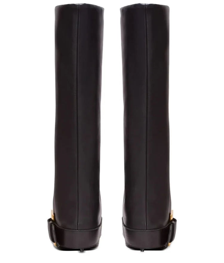 Design Women Metal High Heel Pointed Toe Belt Buckle Knee High Boots Sexy Women Pointy Gold Belt Buckle Knee Boots Plus Size 46