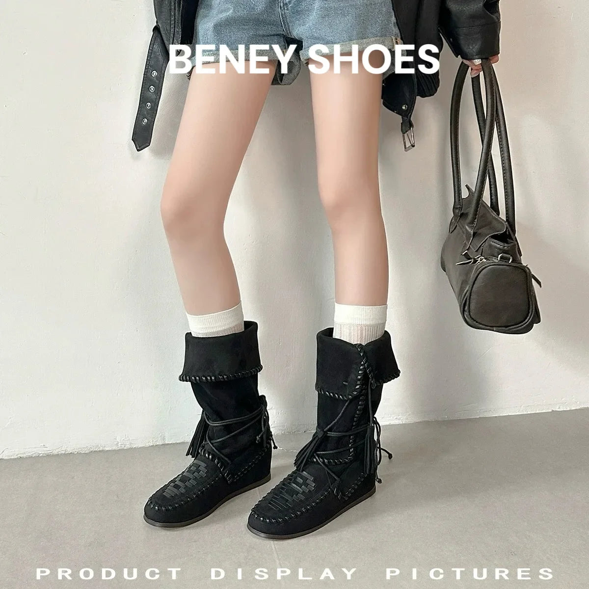 Fringe Woven Suede Mid Calf Boots With Fold Over Cuff For Women