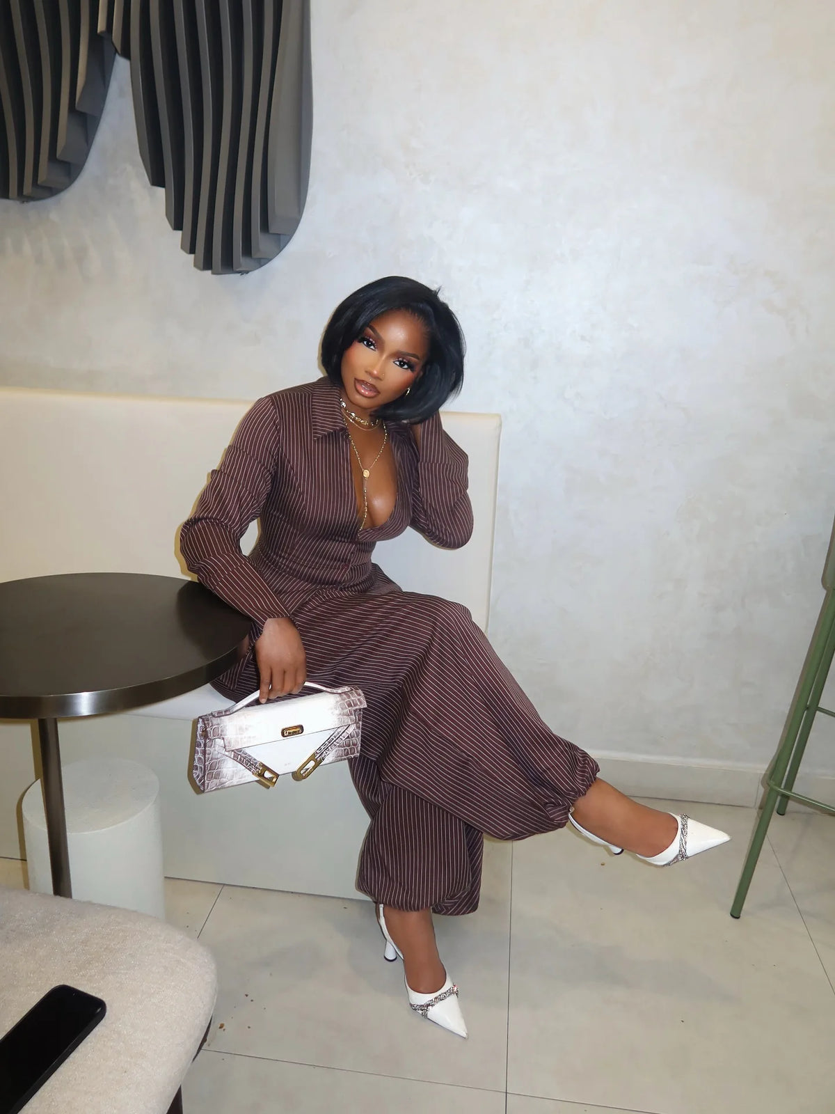 Vertical Striped Crop Shirt and Wide Leg Pants Outfit Set for Women