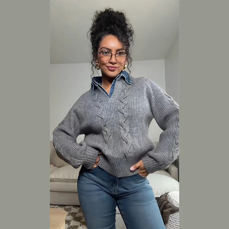 Long Sleeve Denim Collar Half Button Knit Top For Women