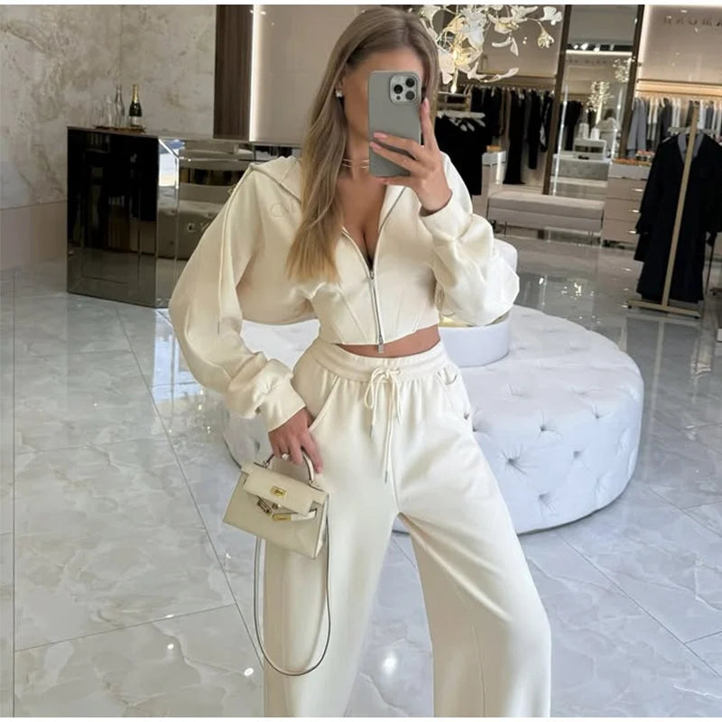 Zip Up Corset Hoodie And Wide Leg Sweatpants Two Piece Set For Women