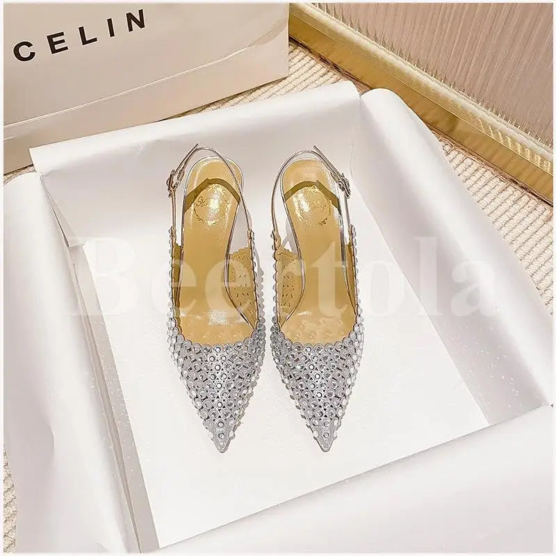 New Rhinestones Woman Sandals Diamond Pointed Toe Shallow Thin High Heels Back Strap Stilettos Female Wedding Bride Sandals