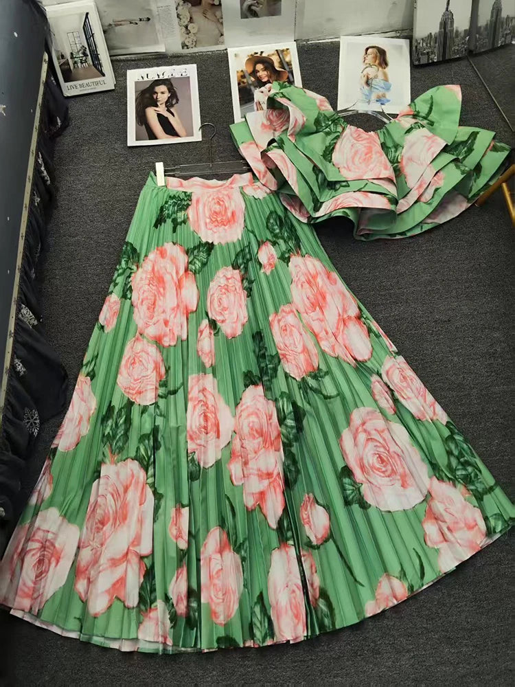 Printed Top And Pleated Skirt Set