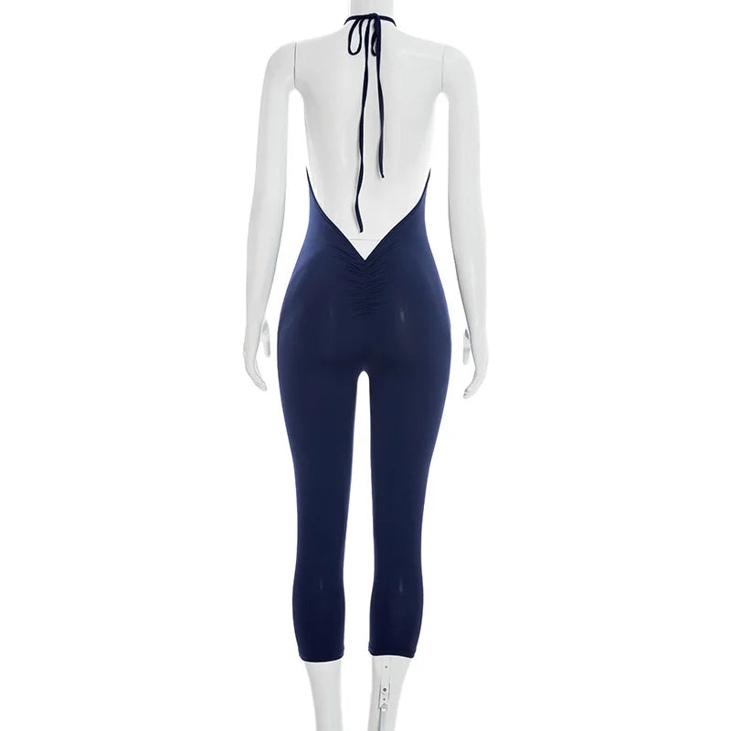 Sexy Solid Color Halter Sleeveless Backless Bodycon Jumpsuit for Women