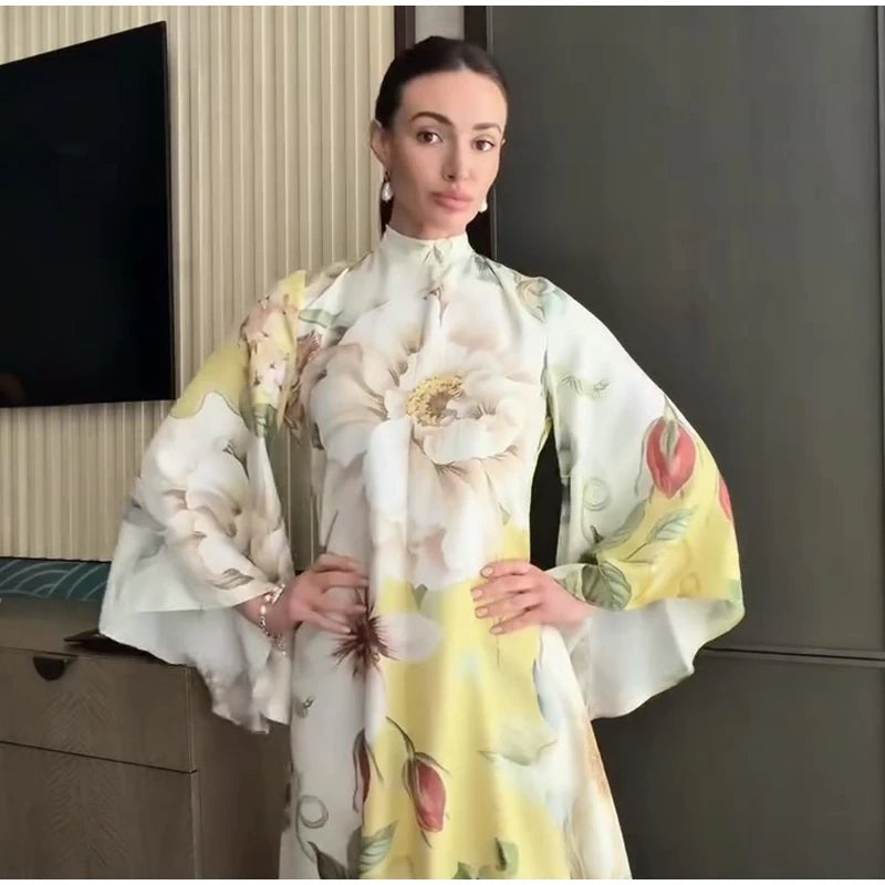 Elegant Print Dress with Stand Collar and Flare Sleeves for Women