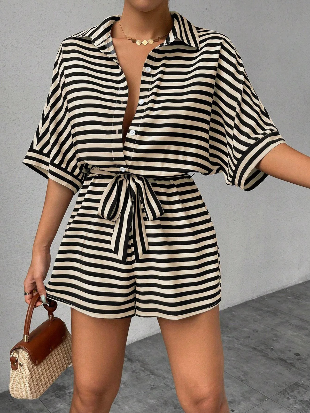 Casual Striped Batwing Sleeve Top And Shorts Set For Women