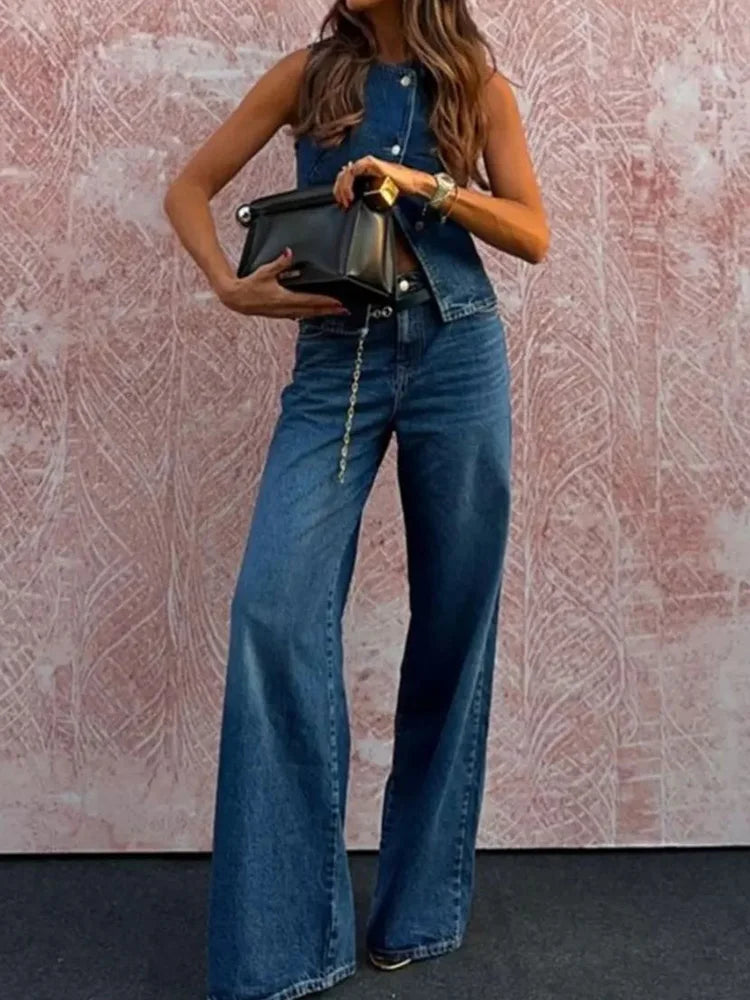 New Denim Style Spring Summer Wide Leg Pants, Women Holiday High Waist Simple Pants, 2025 Pocket Patchwork Solid Ladies Trousers