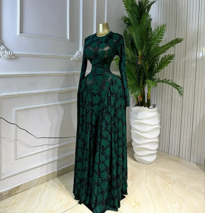 Elegant Pleated O Neck Long Sleeve Maxi Dress For Women