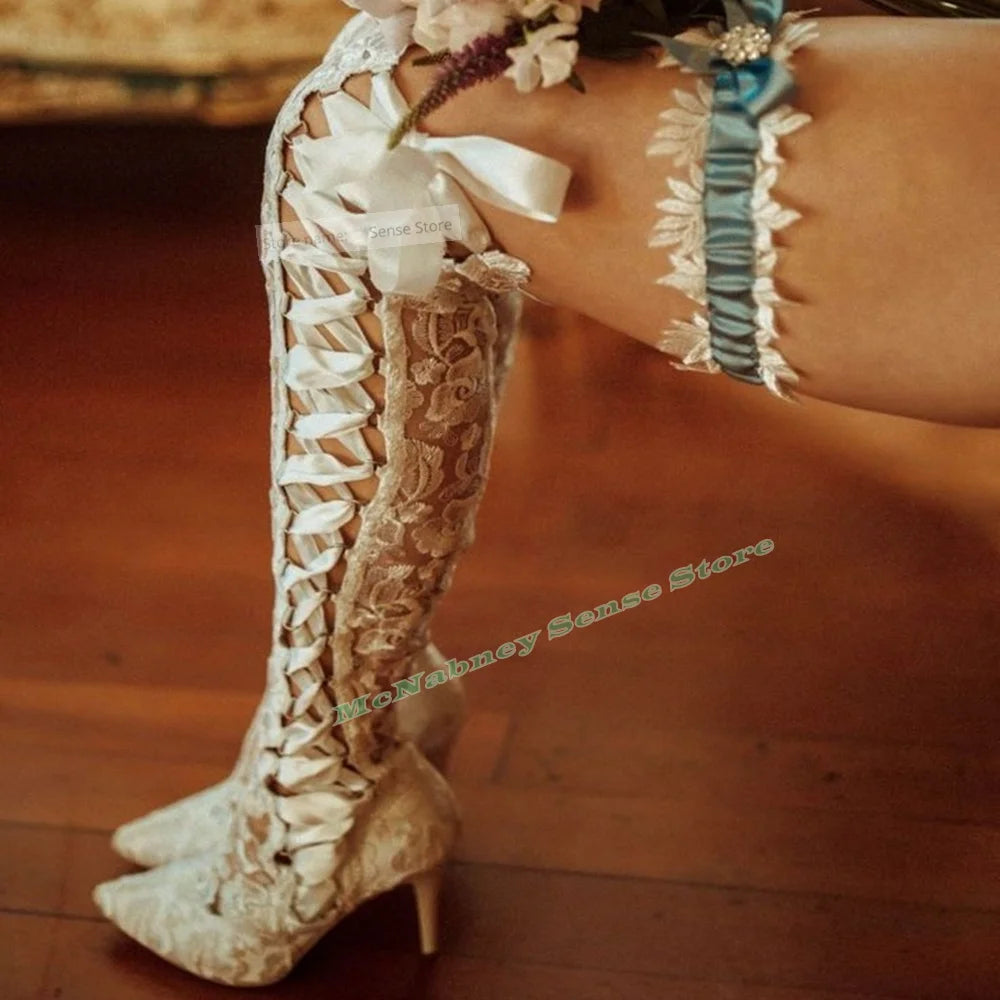Lace Up Mesh Hollow Stiletto Knee High Boots For Women