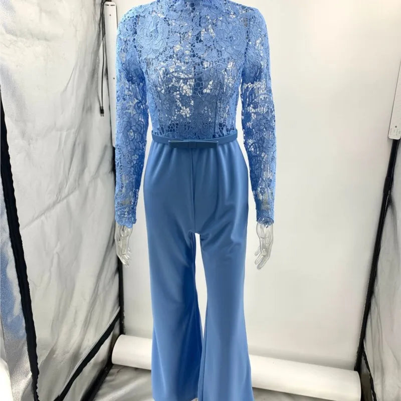 Embroidery Lace Blue Jumpsuits Women Sexy Slim Long-sleeved Belt High Waist Jumpsuit Female 2025 Casual Lady Party Jumpsuits