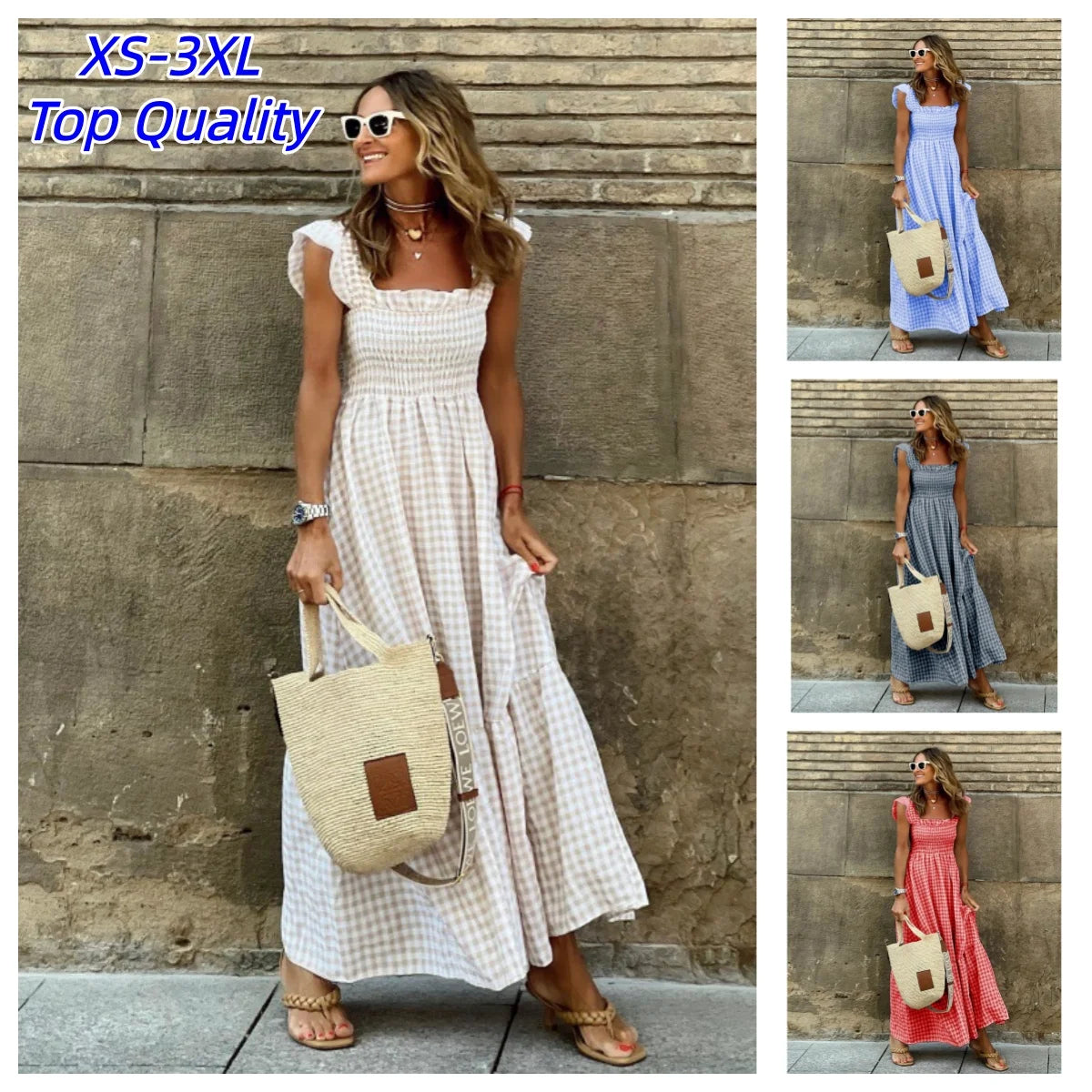 Flowy Plaid Backless Maxi Dress with Elastic Waist for Women