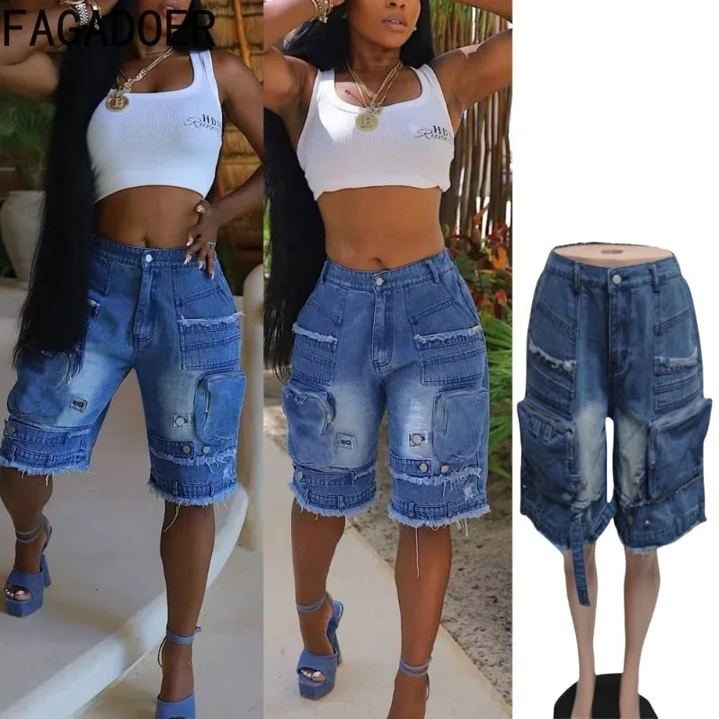 FAGADOER Fashion Pocket Cargo Patchwork Denim Pants Woman Solid Color High Waist Jeans Shorts Female Streetwear Bottoms 2025 New