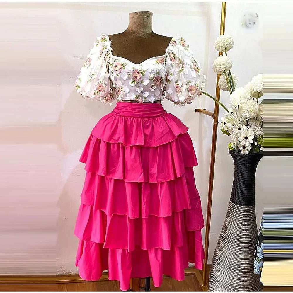 Elegant Fuchsia Satin Tiered Maxi Party Skirt for Women