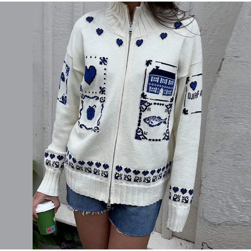 Blue Jacquard Stand Collar Zipper Cardigan for Women