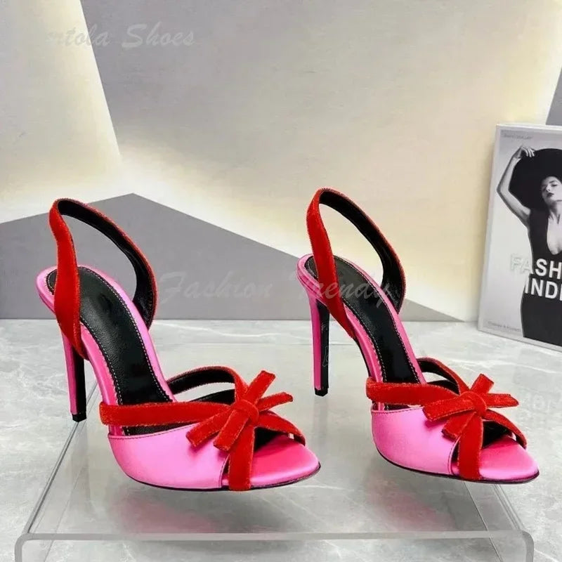 Rose Red Suede Bow Buckle Stiletto Sandals For Women