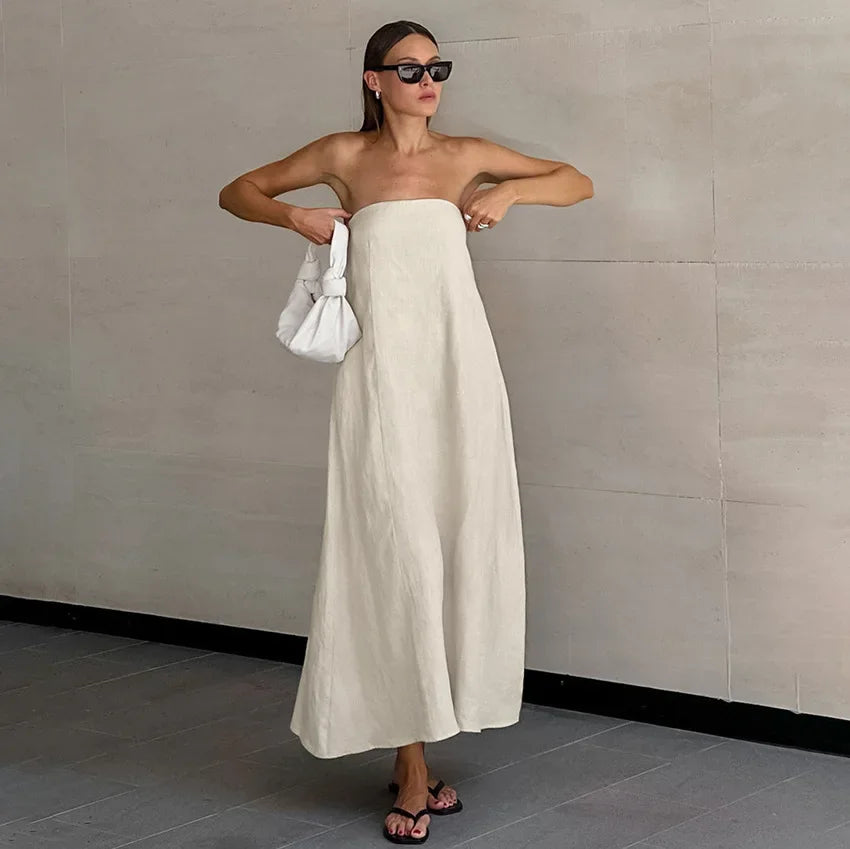 Solid Color Strapless Sleeveless Pocket Dress for Women