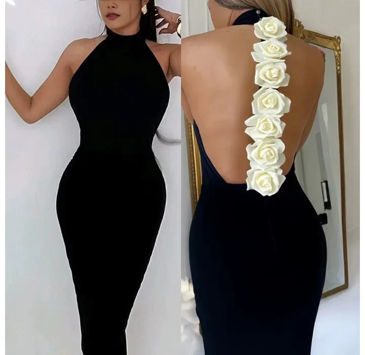 Fashion Evening Party Dresses Woman New Sexy Elegant Rose Detail Mock Neck Sleeveless Backless Bodycon Party Dress 2025 Autumn