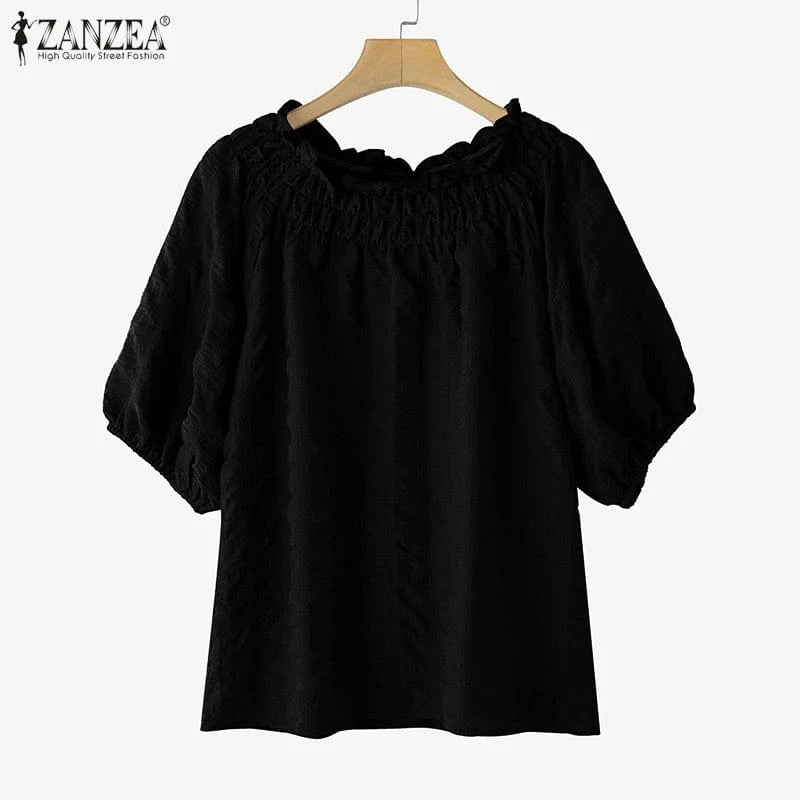 ZANZEA Women Blouse Summer Tops Solid Color Puff Sleeve2025 O Neck Tunic Female Shirts Loose Casual OL Work Blusas Oversized