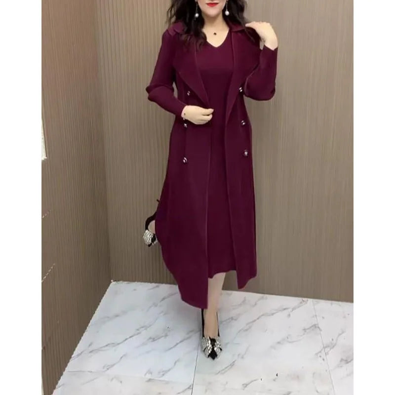 Spring Autumn Fashion Slim Pleated Suit Collar Fake Two Piece Windbreaker Coat Comfortable Waist Shrinking Elastic Dress Belt