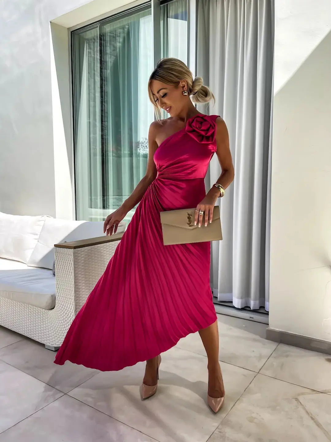 One Shoulder Flower Decor Pleated Elegant Dress for Women