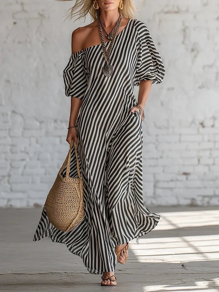 Striped Off Shoulder With Pockets Maxi Dress for Women