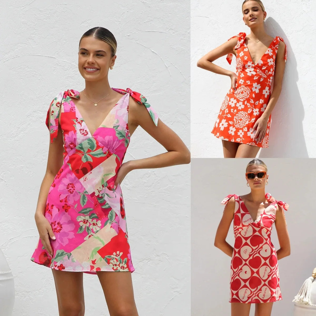 Print Sleeveless V-Neck Backless Bowknot Mini Dress for Women