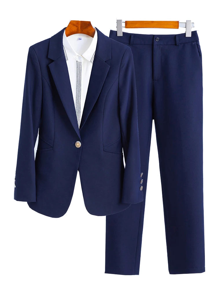 Women Blue Navy Black Formal Blazer Pant Suit Female Solid Jacket and Trouser 2 Piece Set For Office Ladies Winter Work Wear