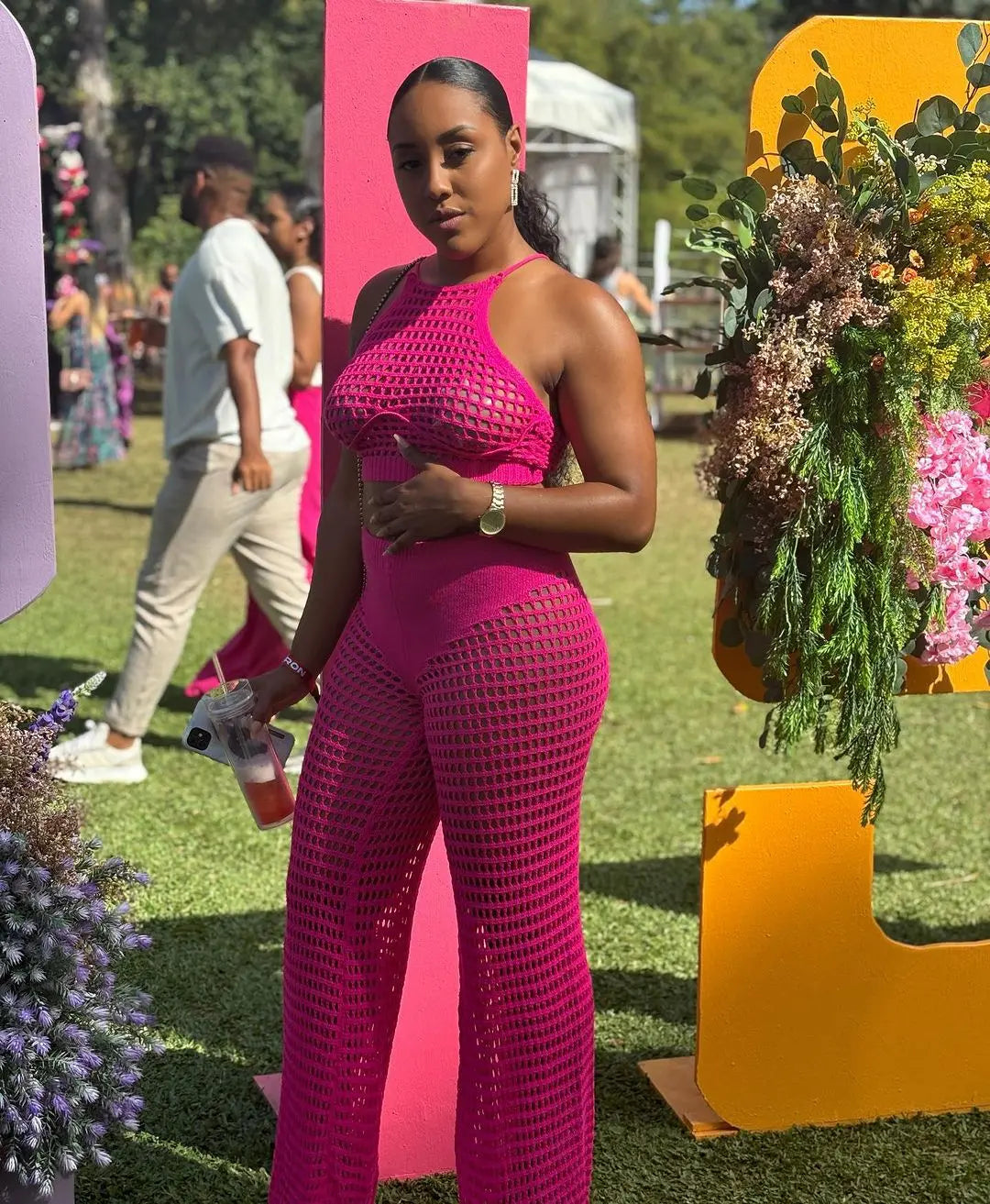 Sleeveless Pink Knit Two-Piece Trouser Set for Women