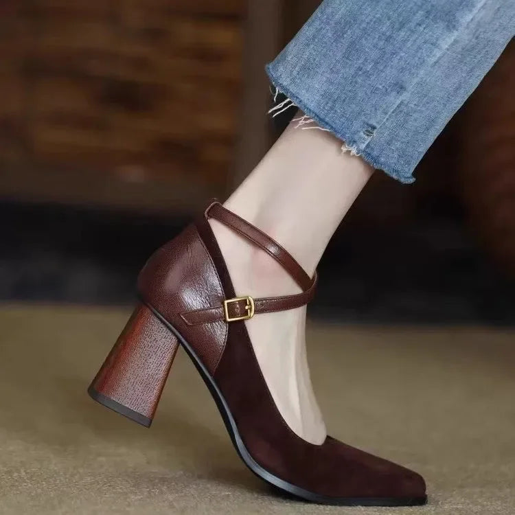 Block Heel Suede Paneled Vintage Mary Janes with Cross Strap for Women