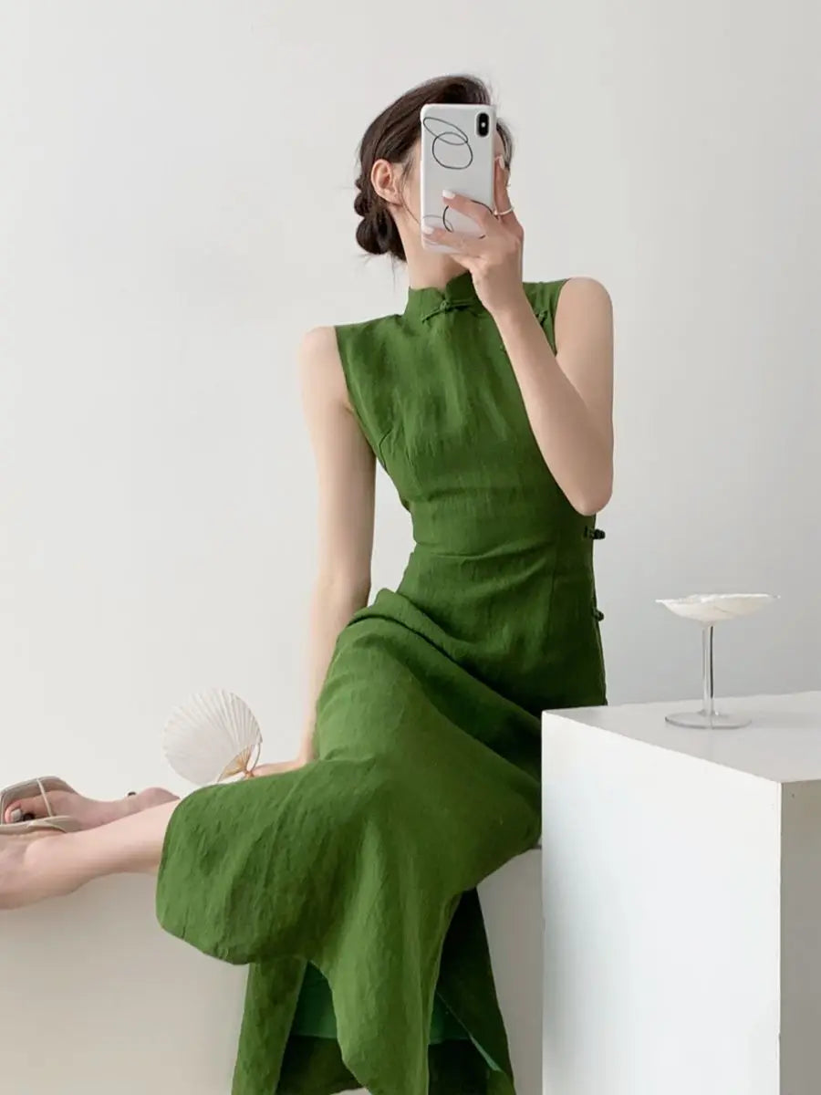 Moss Green Retro Chinese Style Cheongsam Dress for Women