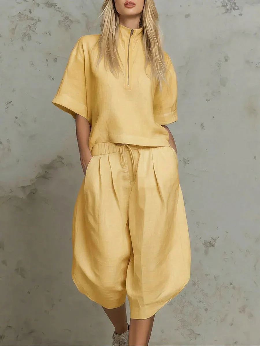 Casual Summer Zipper Neck Two Piece Shorts Set for Women