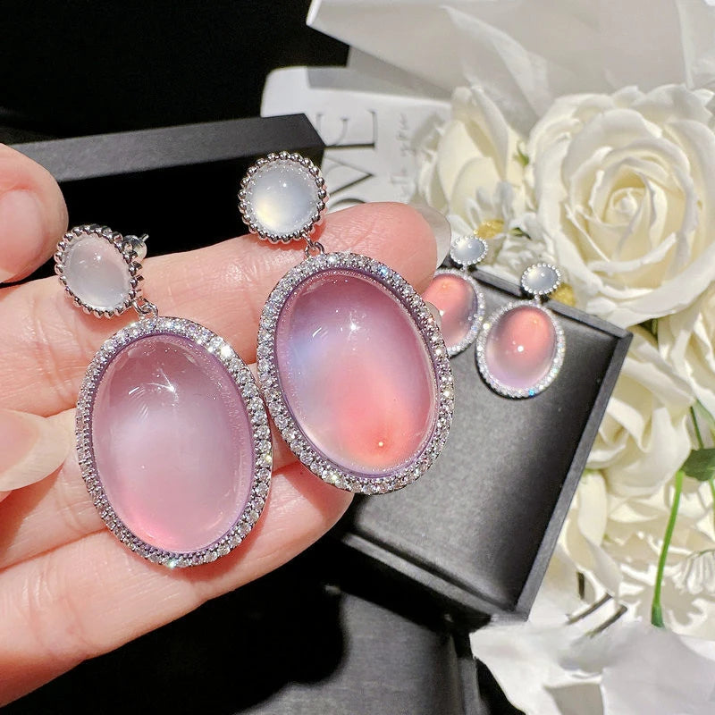 Elegant Oval Jade Zircon Gemstone Drop Earrings for Women
