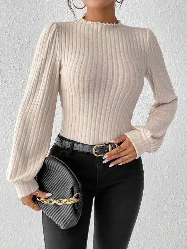 Long Sleeve Ribbed Knit Slim Fit Bodysuit for Women