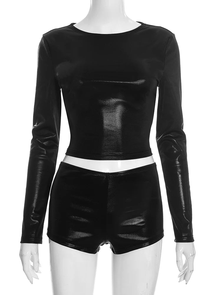 Silk Long Sleeve Two Piece Set Crop Top and Shorts for Women