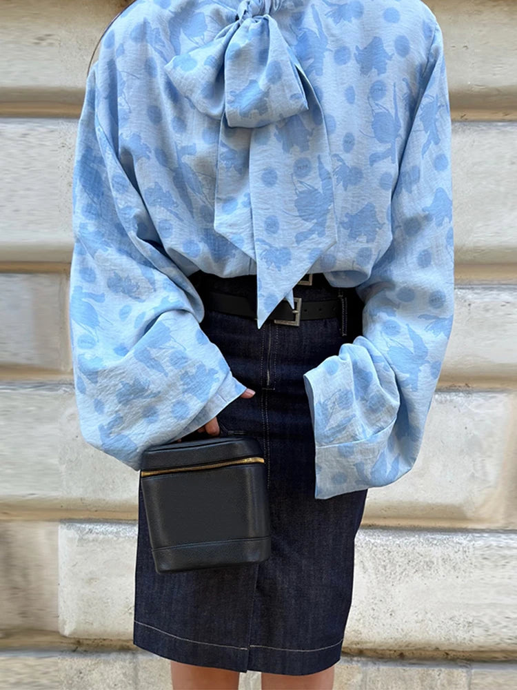 Elegant Printed Long Sleeve Lace Up Collar Blouse for Women